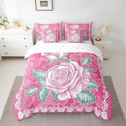 Feelyou Rose Comforter Set Queen Size 7 Pieces Rose Floral Flower Bedding Set for All Season Romantic Vintage Garden Flower Bed in a Bag with Comforter, Sheets, Pillowcases & Cushion Cover