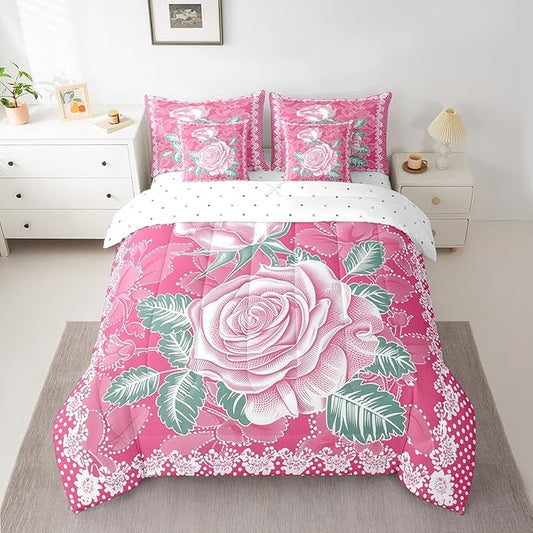 Feelyou Rose Comforter Set Queen Size 7 Pieces Rose Floral Flower Bedding Set for All Season Romantic Vintage Garden Flower Bed in a Bag with Comforter, Sheets, Pillowcases & Cushion Cover