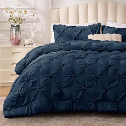 BEDELITE Navy Twin Comforter Set - 2 Peices Boho Pintuck Bedding Comforter Sets, Lightweight Soft & Warm Twin Bedding Sets with 1 Pillowcase for All Season