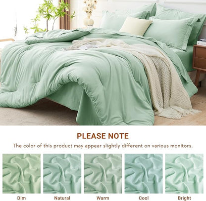 MUXHOMO 5 Pieces Twin XL Comforter Set, Soft Bed in a Bag Twin XL Size, All Season Bedding Set with Comforter, Flat Sheet, Fitted Sheet, Pillowcases & Shams, Sage Green
