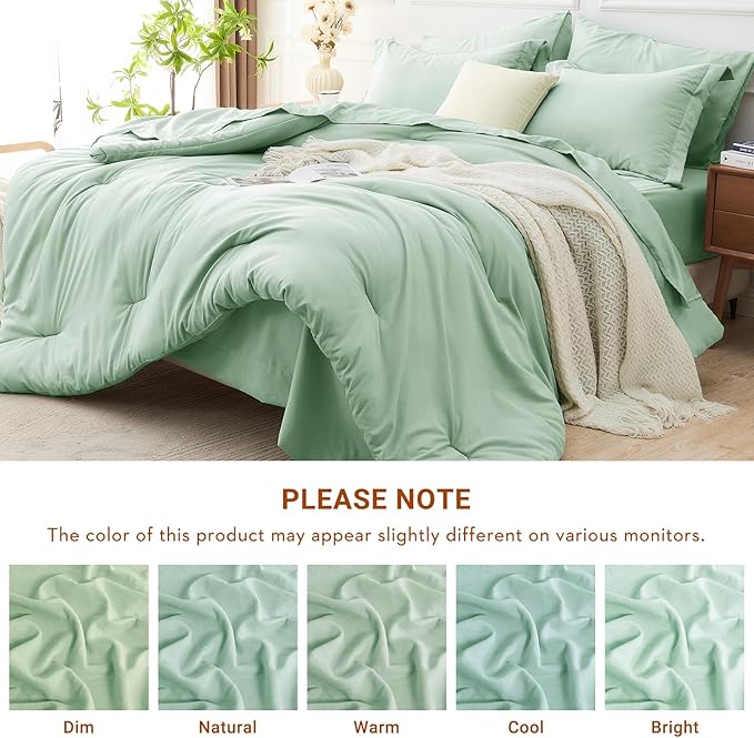 MUXHOMO 7 Pieces Full Comforter Set, Soft Bed in a Bag Full Size, All Season Bedding Set with Comforter, Flat Sheet, Fitted Sheet, Pillowcases & Shams, Sage Green