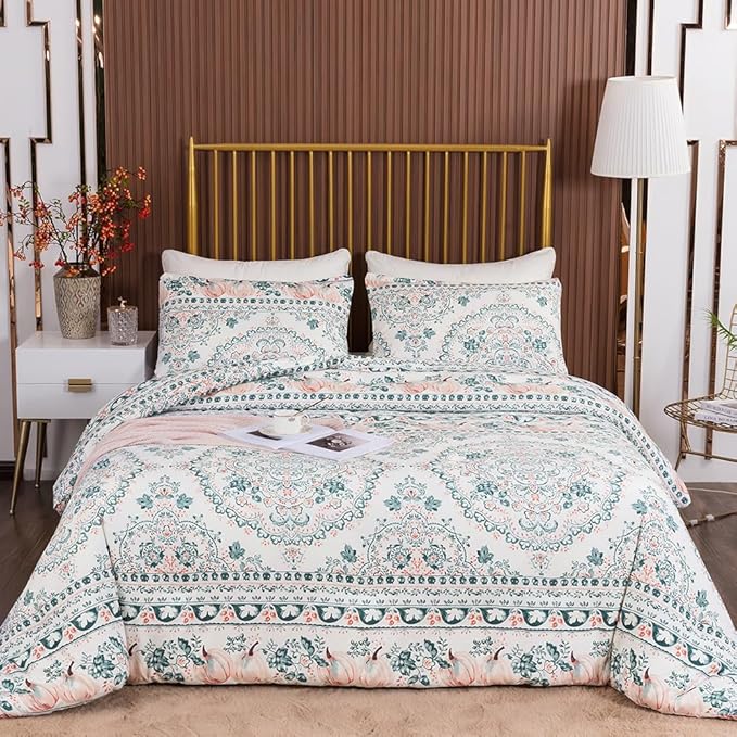 CLOTHKNOW Green Floral Queen Comforter Set Botanical Bedding Comforter Sets Boho Comforter Pumpkin Comforter Queen with 2 x Pillow Cases