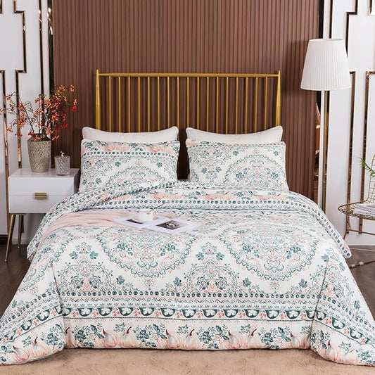 CLOTHKNOW Green Floral Queen Comforter Set Botanical Bedding Comforter Sets Boho Comforter Pumpkin Comforter Queen with 2 x Pillow Cases
