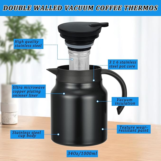 Small Thermal Coffee Carafe Stainless Steel Insulated Creamer Carafe Tea Pot 34Oz Insulation Pot (Black and White, 1000ML(34Oz))