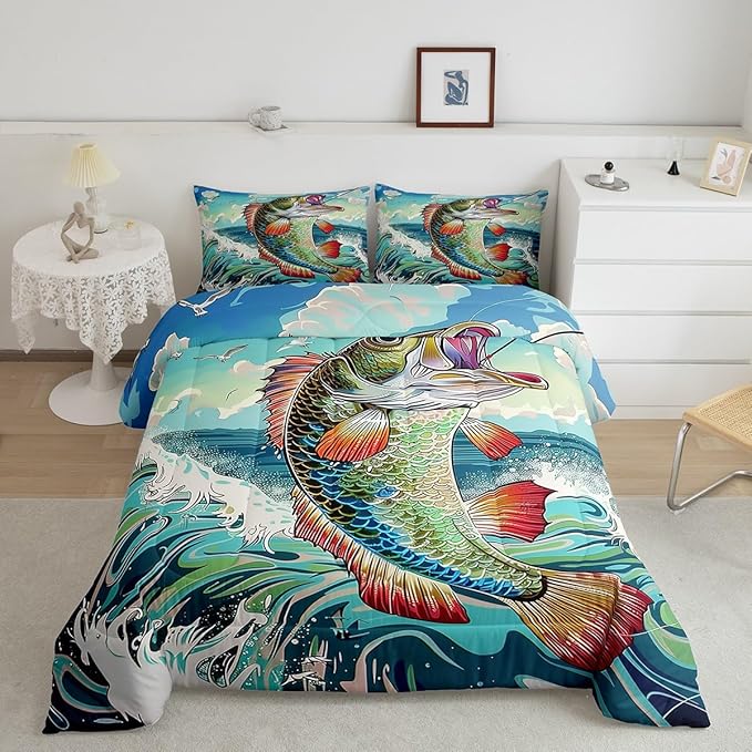 Erosebridal Bass Fishing King Comforter Set,Big Pike Fish Bedding Sets for Kids Boys Men,Vintage Ocean Waves Quilt Bed Set,Fishing Lake House Bedroom Decor,2 Pillowcases Lightweight