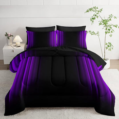 Purple and Black Bedding Set Twin Size Abstract Ombre Comforter Set Bedding Set 7 Piece in A Bag,Dark Quilt Set Mordern Art Decor All Seasons with Pillowcases,Flat, Fitted Sheet