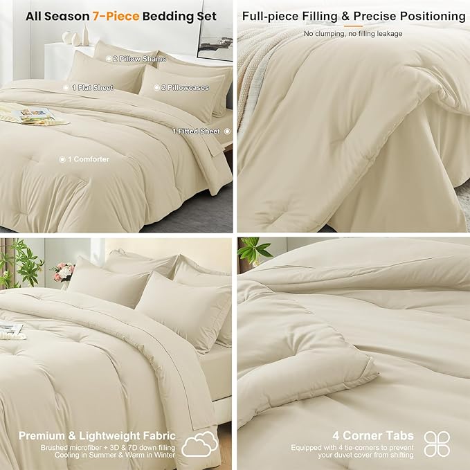 Oversized King Size Comforter Set 7 Pieces - Soft Bed in a Bag King Bed Set, Cozy Luxury Bedding Sets with All Season Comforter, Flat Sheet, Fitted Sheet, 2 Pillowcases & 2 Shams, Beige