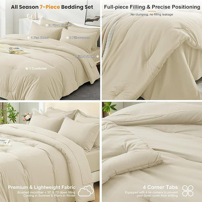 Oversized King Size Comforter Set 7 Pieces - Soft Bed in a Bag King Bed Set, Cozy Luxury Bedding Sets with All Season Comforter, Flat Sheet, Fitted Sheet, 2 Pillowcases & 2 Shams, Beige