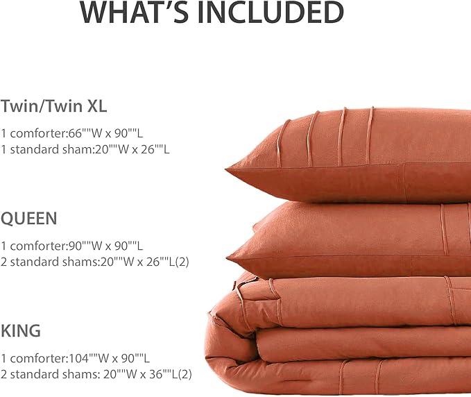 King Size Comforter Set Orange, 3 Pieces Bedding Set, Ultra Soft Prewashed Bed Set, Pinch Pleat All Seasons Lightweight Comforter and Shams