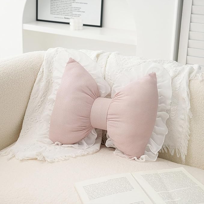 Bow Pillow for Couch, Pink Bow Pillow Throw Pillow Ruffle Lace Bow Pillows Decorative, Cute Bow Shaped Pillows for Sofa Couch Bed Living Room Bedroom Pink