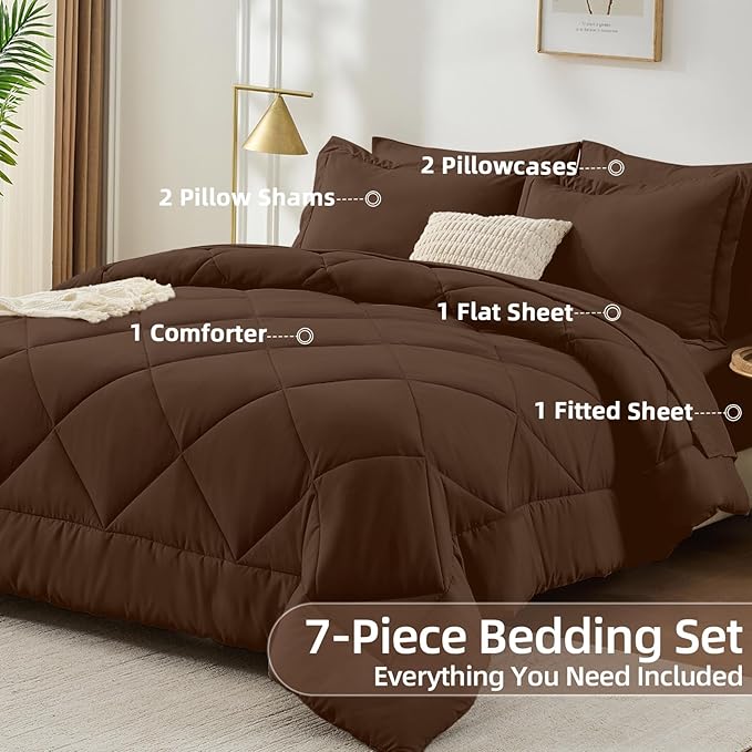 FUANNA 7 Pieces Queen Comforter Set, All Season Bed in a Bag Queen Size, Luxury Soft Bedding Sets with Comforter, Flat Sheet, Fitted Sheet, Pillowcases & Pillow Shams, Dark Brown