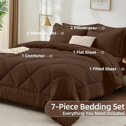 FUANNA 7 Pieces Queen Comforter Set, All Season Bed in a Bag Queen Size, Luxury Soft Bedding Sets with Comforter, Flat Sheet, Fitted Sheet, Pillowcases & Pillow Shams, Dark Brown
