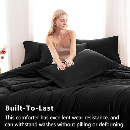 CozyLux Oversized Queen Comforter Set Black, 7 Pieces Bed in a Bag Comforter Set with Sheets, Soft Bedding Sets with Down Alternative Comforter, Fitted Sheet, Flat Sheet, Pillow Shams and Pillowcases