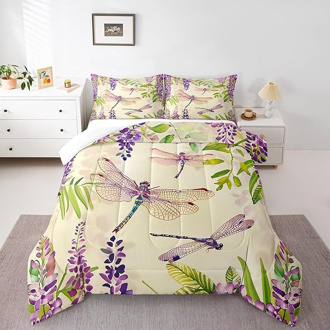 Erosebridal Spring Flowers Down Comforter Wisteria Dragonfly Bedding Set King Rustic Farmhouse Purple Floral Dragonflies Comforter Set for Women Girls Green Watercolor Botanical Leaf Quilt Duvet