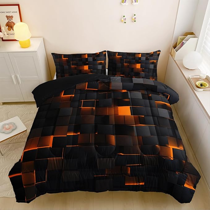 Neon Yellow Black Comforter Set King Geometric Kids Bedding Set,3 PCS Geometry Honeycomb Bed Set Modern Quilt Set 1 Comforter 2 Pillow Cases Cool Room Decor All Season B-Side Black