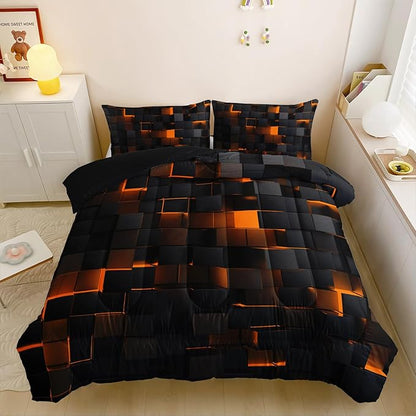 Neon Yellow Black Comforter Set Twin Geometric Kids Bedding Set,3 PCS Geometry Honeycomb Bed Set Modern Quilt Set 1 Comforter 2 Pillow Cases Cool Room Decor All Season B-Side Black