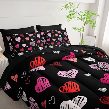 Love Black Comforter Set King Size 7Pcs，Love Valentines Day Romantic Soft Bedding Set Pink Watercolor Kawaii Cartoon Love Heart Geometric, Bed Sheet Set Cartoon Love Decor