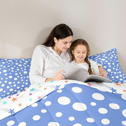 Manfei White Polka Dots Teens Comforter Set,French Style Cute Dots Print Bedding Set All Season,Blue White Simple Geometric Circles Comforter 3 Pcs with 2 Pillowcases,Queen Size