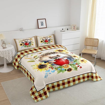 Castle Fairy Fall Sunflower Leaves Comforter Set,Cartoon Hedgehog Bedding Set Kids Teens Modern Decor,Autumn Harvest Thanksgiving Comforter with 1 Pillowcase for All Seasons,Twin
