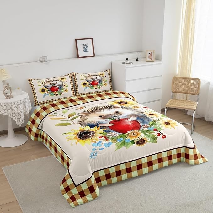 Cartoon Hedgehog Boys Girls Comforter Set Full Size,Fall Sunflower Leaves Duvet Set Teens Bedroom Decor,Autumn Harvest Thanksgiving Microfiber Soft Bedding