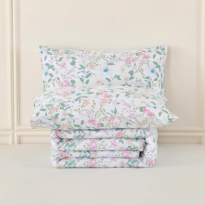 King Floral Comforter Set 100% Cotton Comforter 3 Pieces Green Leaves and Pink Floral Bedding Set Lightweight Soft Reversible Bedding for All Season