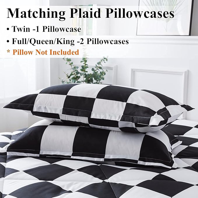 Andency Checkered Comforter Full(79x90Inch), Black White Plaid Gingham Bed Set for Teen Boys Kids, Lightweight Microfiber Geometric Preppy Bedding, 3 Pieces