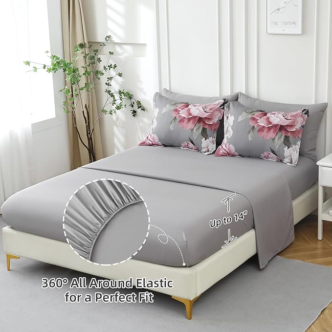 Dobuyly Pink and Grey Comforter Set Full Size 7 Piece Bed in a Bag, Floral Printed on Gray Full Comforter Set with Sheets, Soft Microfiber Botanical Complete Bedding Set for All Season