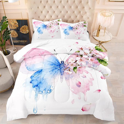 Butterfly Comforter Set Queen 3 Pieces Blue Pink Butterfly Bedding Set for Kids Teens Butterflies Cherry Blossom Comforter with 2 Pillowcases,White Super Soft Microfiber All Season