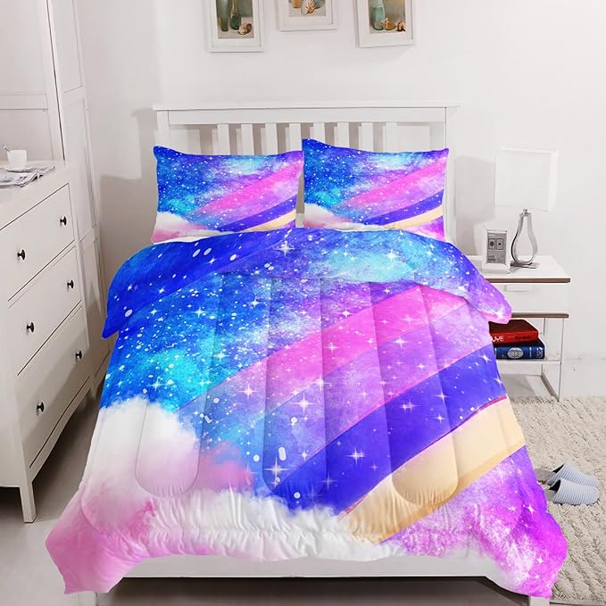 Rainbow Full Size Comforter Set for Girls Kids Women,Colorful Galaxy Microfiber 3 Piece Bedding Set,All Season Down Alternative Bedding with Matching Sham(Violet Star)