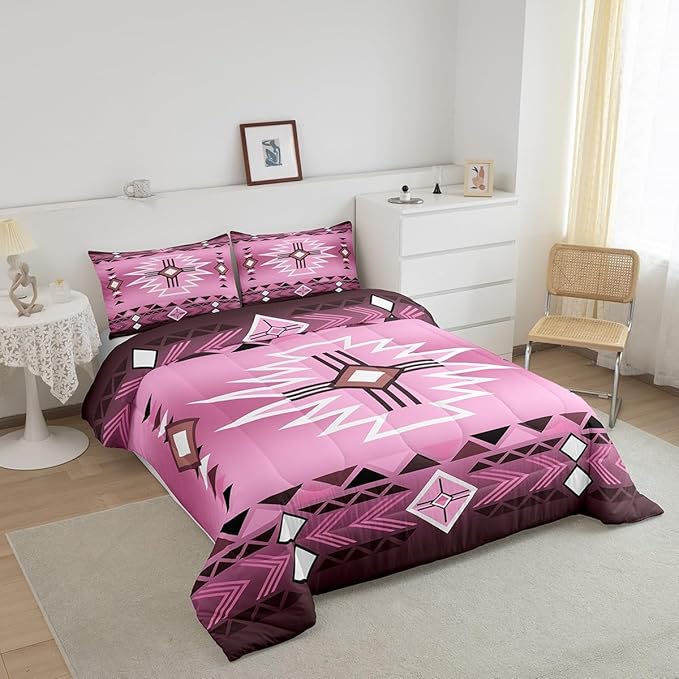 Pink Western Comforter Set Queen Size,Southwestern Cowgirl Bedding Set,Aztec Quilt Ethnic Tribal Arrow Quilt Set Kids Girls Women Teens Room Decor,Retro Countryside Duvet Insert,2 Pillowcases