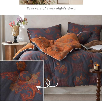 mixinni Vintage Floral Comforter Set Queen Size, All Seasons Muslin Cotton Bedding Set, 3 Pieces Farmhouse Shabby Chic Jacquard Floral Comforter Set Perfect for Women and Men-Grayish Blue/Pumpkin