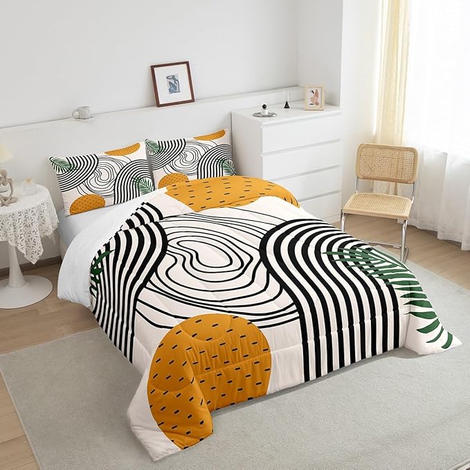 Erosebridal Modern Bedding Set Queen Abstract Art Comforter Set, Orange Black White Aesthetic Duvet Insert Retro Minimalism Quilt Sets, Mid Century Bedding Comforters & Sets Geometric Striped Decor