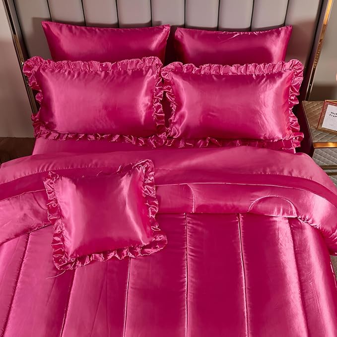 Bedding_Dreamer Queen Size Satin Bed in a Bag Hot Pink Bedding Set Silk Like Silky Comforter Set Sexy Silky Sheet Set Luxury Hotel Room Decor Womens Girly Bed Sets Ruffled Gothic Down Comforter 8 Pcs