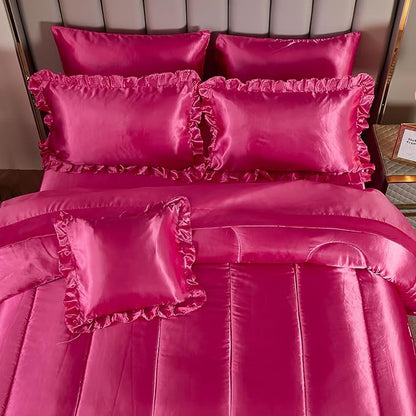 Bedding_Dreamer King Size Satin Bed in a Bag Hot Pink Bedding Set Silk Like Silky Comforter Set Sexy Silky Sheet Set Luxury Hotel Room Decor Womens Girly Bed Sets Ruffled Gothic Down Comforter 8 Pcs