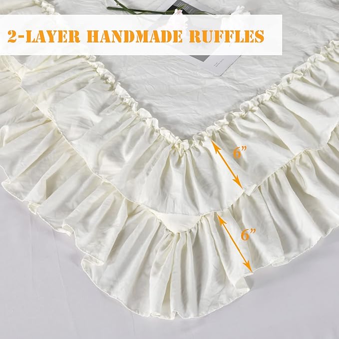 Masaca Ivory Ruffled Comforters Queen Size,Farmhouse Shabby Boho Chic Comforter Set,French Country Microfiber Inner Fill Ivory Bedding 3PCS(1 Ruffle Comforter and 2 Pillowcases)