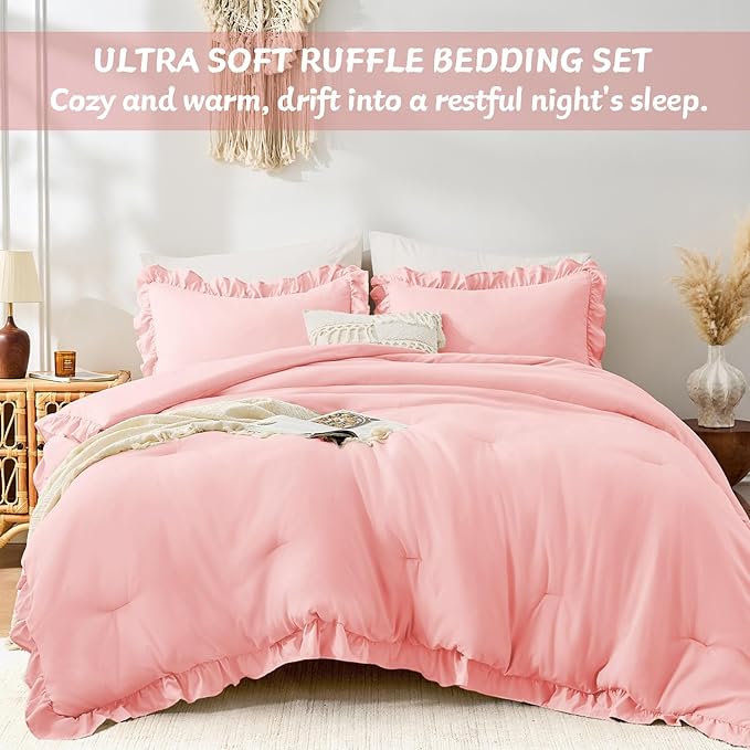 FUANNA King Size Comforter Set Pink, 3 Pieces Ruffle King Bedding Set, Fluffy Farmhouse Bed in a Bag King with 1 Lightweight Comforter & 2 Pillowshams
