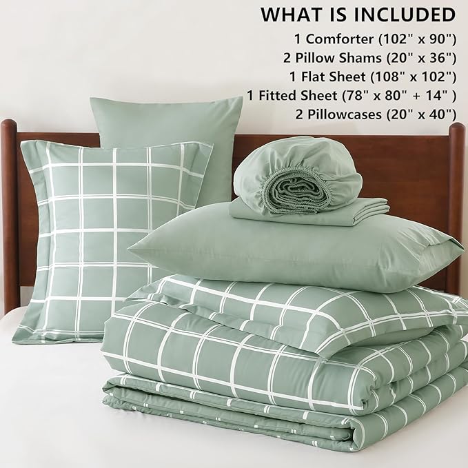 CozyLux King Size Comforter Set Sage Green - 7 Pieces Plaid Bed in a Bag Set, Soft Bed Set King Bedding Sets with All Season Quilted Comforter, Flat Sheet, Fitted Sheet, Pillowcases & Pillow Shams