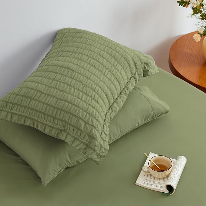 Love's cabin Seersucker Sage Green Twin Comforter Set, 5-Piece All Season Lightweight Bed in a Bag Bedding Set with Comforter, Flat Sheet, Fitted Sheet, Pillowcase and Sham | Soft, Breathable, Lightweight