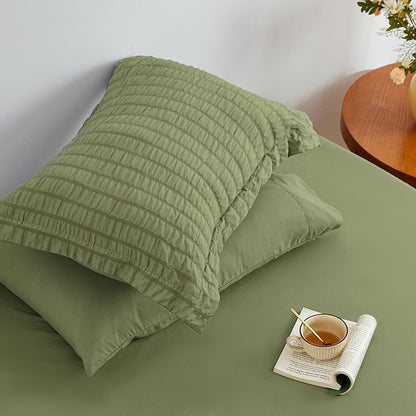 Love's cabin Seersucker Sage Green King Size Comforter Set, 7-Piece All Season Lightweight Bed in a Bag Bedding Set with Comforter, Flat Sheet, Fitted Sheet, Pillowcases and Shams | Soft, Breathable, Lightweight