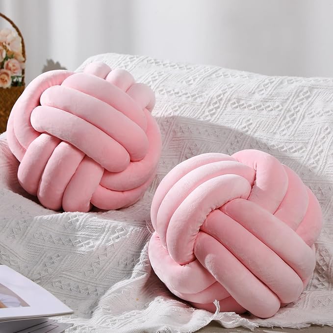 Namalu 2 Pcs Soft Knot Pillow Ball, Decorative Round Throw Knotted Pillows Cushion, Handmade Stuffed Ball Pillows for Winter Bedroom Sofa Couch Home Decor(10.6 Inches,Light Pink)