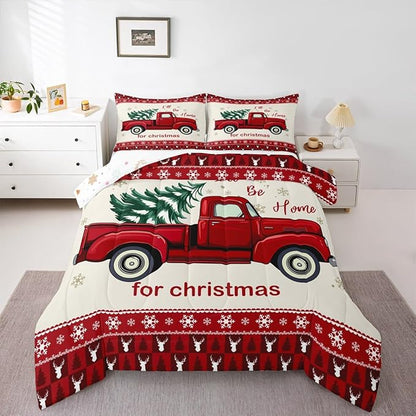 Red Christmas Truck Comforter Set Queen Size,Geometric Snowflake Antlers Plaid Bedding Set for Kids Girls Boys Room Winter Decor,Cartoon Xmas Pine Tree Quilt Set Vintage Trailer Duvet Insert,3pcs