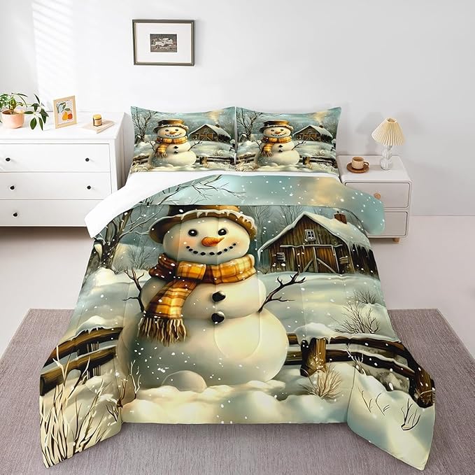 Cute Snowman Comforter Set Twin Size,Rustic Wooden Cabin Bedding Set 2Pcs for Kids Girls Boys Adult Room Decor,Vintage Style Winter Quilt Set Merry Christmas Duvet Insert,1 Pillowcase