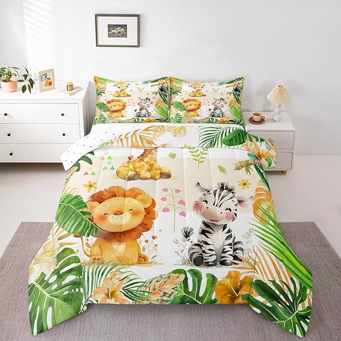 jejeloiu Kids Zoo Animal Bedding Set Toddle Size Cute Animal Comforter Set for Boys Girls Teens Lion Giraffe Elephant Duvet Set Tropical Leaves Quilt Set 2Pcs