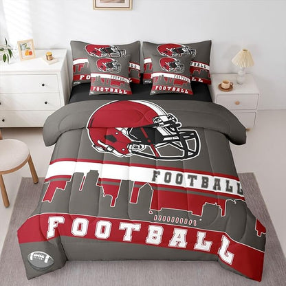 Erosebridal Football City 7 Pcs Comforter Set King Football Bedding for Boys Girls Grey Red Rugby Game Sheet Set Bed in A Bag Football Fans Bedroom Decor Sports Ball Team Bed Set