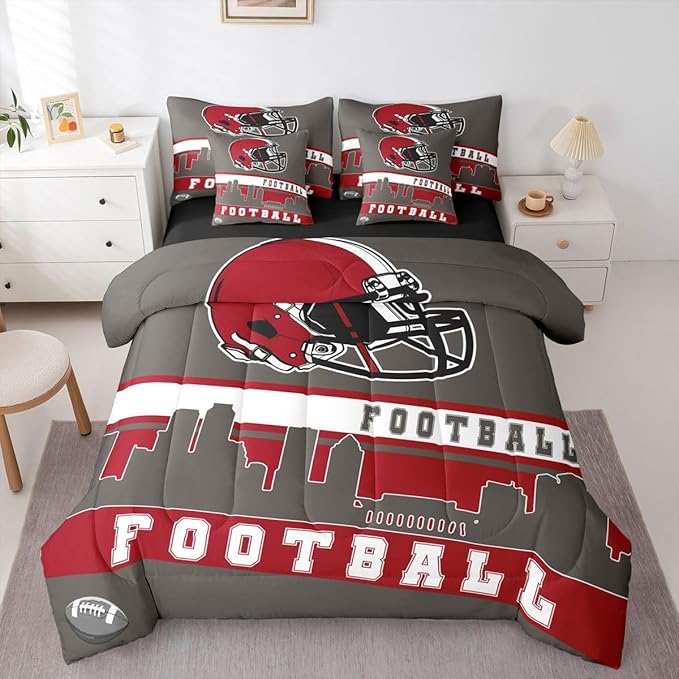 Erosebridal Football City 7 Pcs Comforter Set Queen Football Bedding for Boys Girls Grey Red Rugby Game Sheet Set Bed in A Bag Football Fans Bedroom Decor Sports Ball Team Quilt
