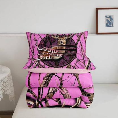 Erosebridal Camo Hunting Deer King Bedding Set,Pink Camouflage Hunter Comforter Set for Girls Boys Kids,Rustic Cabin Lodge Comforter,Tree Branch Bedroom Decor with 2 Pillowcases,All Season
