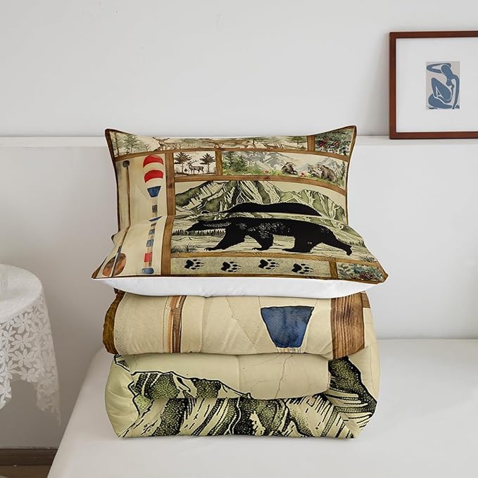 Rustic Farmhouse Comforter Set Queen, Retro Hunting Bear Bedding Comforter Sets for Kids Boys, Lake House Decor Bedding for The Home, Cabin Lodge Paddle Decor Down Comforter, Moose Wildlife Duvet Set
