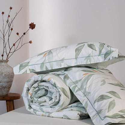 Cotton Comforter Queen Size Set – White Green Botanical Leaves Cotton Shell Bedding, Soft & Breathable, All-Season Down-Alternative Fill, Includes 1 Comforter & 2 Pillow Shams