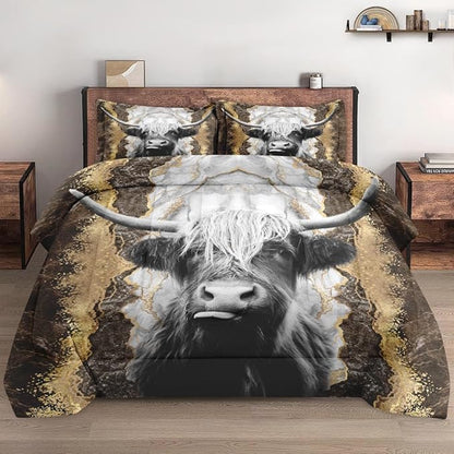 Comforter Set Full Size, Highland Cow Bull 3 Pcs Soft Bedding Set for Kids and Adults, Animal Farm Marble Comforter Set with 2 Pillowcases, for Bedroom Bed Decor