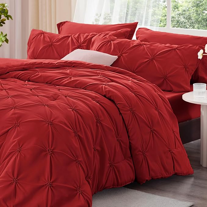 BEDELITE Red Twin Comforter Set - 2 Peices Boho Pintuck Bedding Comforter Sets, Lightweight Soft & Warm Twin Bedding Sets with 1 Pillowcase for All Season